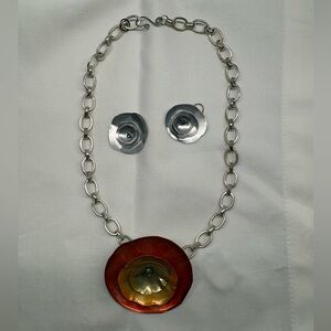 Red Orange Poppy Flower Necklace & Earrings Set Silver Tone 16” Pendant